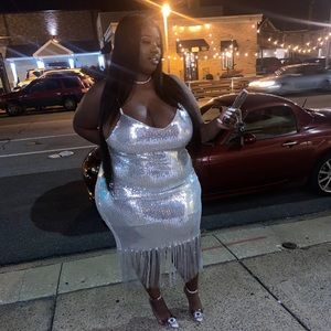 3x-Silver Sequin Fringe Dress